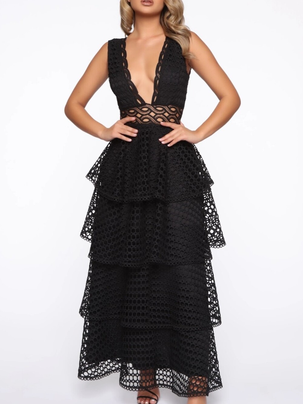 Black Tiered Lace Maxi Dress Whimsigoth Plunge Neckline Formal XL Dark Romantic